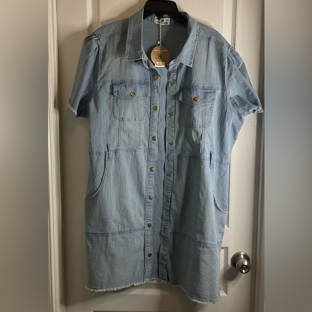 Light Blue Denim Shirt Dress with Snap Front